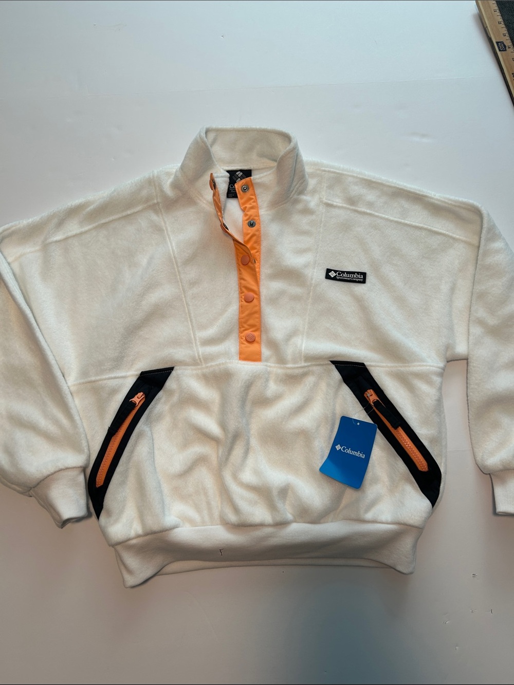 Columbia Women’s White Fleece Zip Pullover with Orange Trim